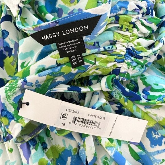 Maggy London White Aqua Floral Print Maxi Shoulder Gather Dress NEW NWT 18 - Picture 5 of 5